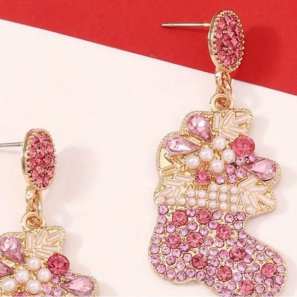Christmas Stocking Holiday Rhinestone Pink Bling Earrings - Party Gift Fancy - Picture 2 of 2